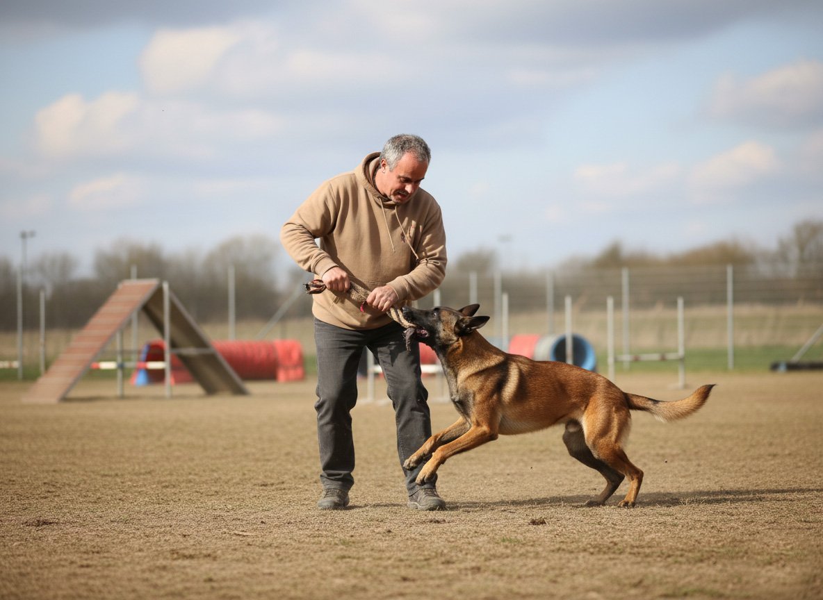 Travail au mordant avec un Malinois sur terrain d'agility